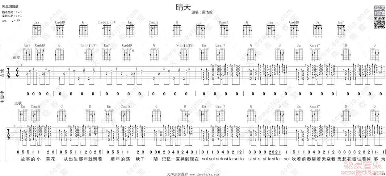 周杰伦《晴天》高清吉他弹唱谱g调完美版原版编配 教学【三个版本