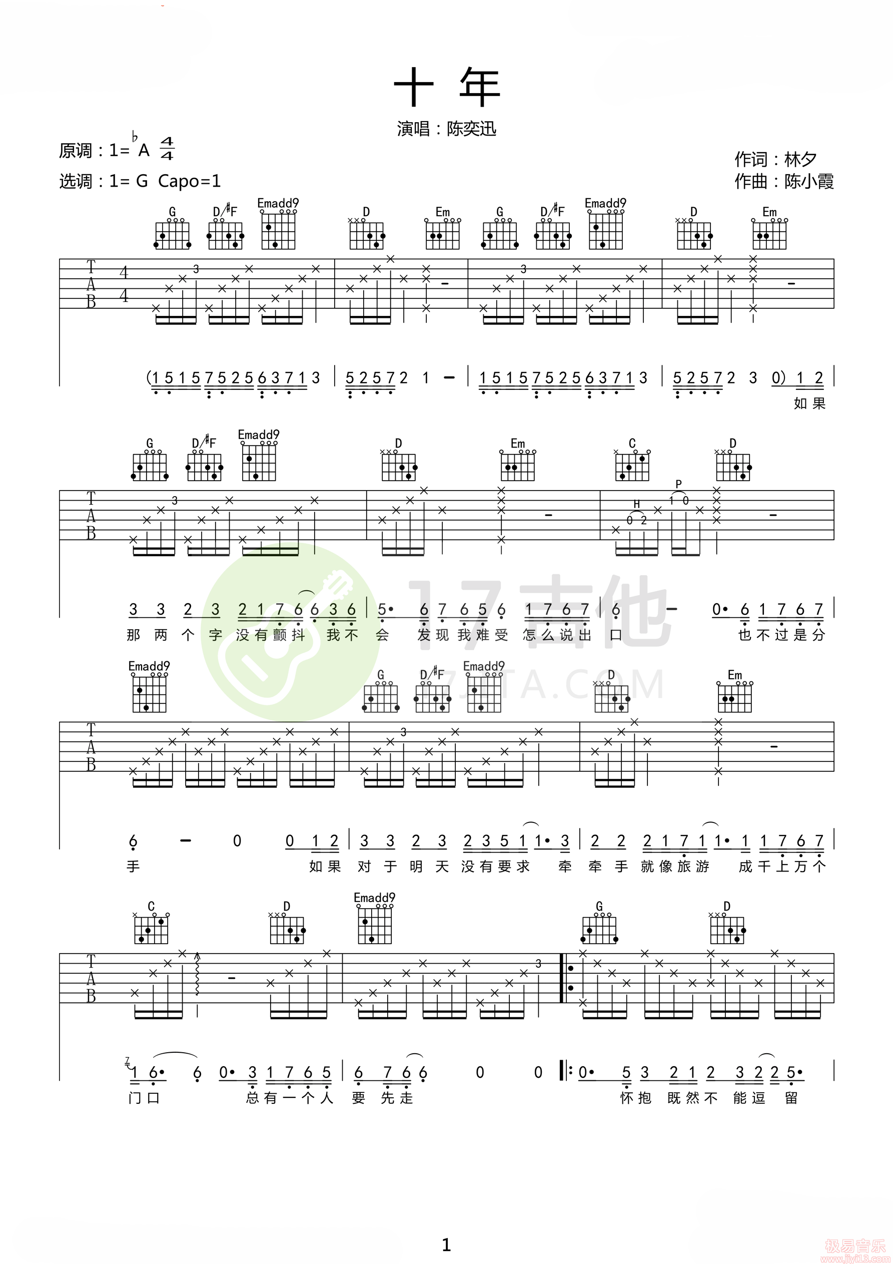 陈奕迅《然后怎样》吉他谱G调吉他弹唱谱 | 小叶歌吉他