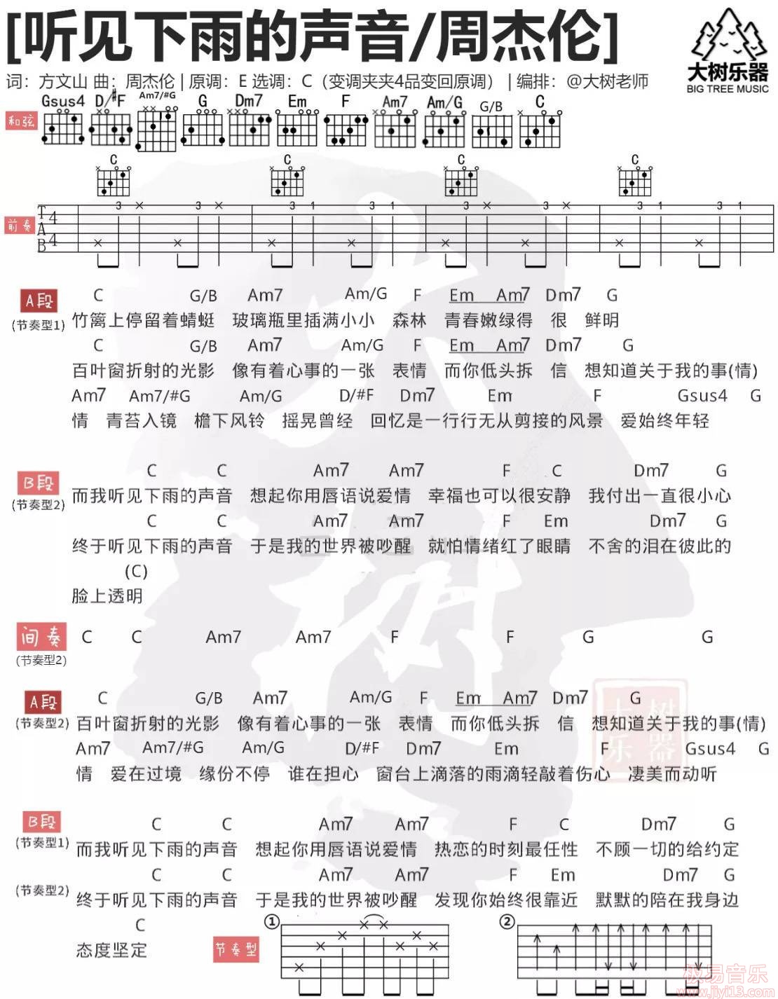 《听见下雨的声音》吉他谱-周杰伦/魏如昀-A调六线谱-吉他弹唱教学-吉他源