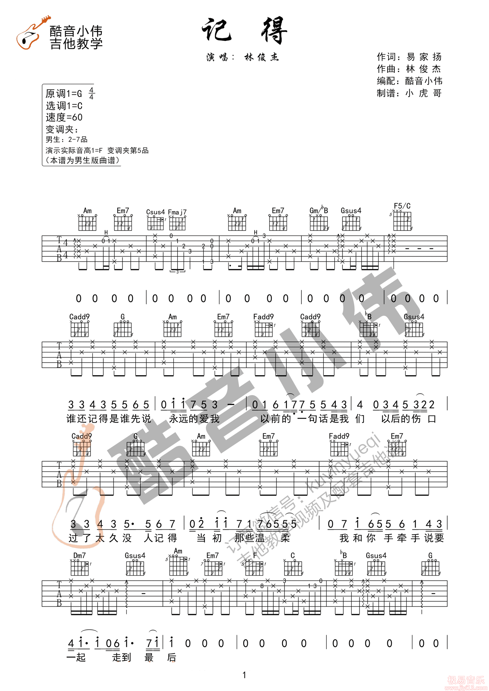 记得吉他谱(图片谱,弹唱,简单版)_林俊杰(JJ)