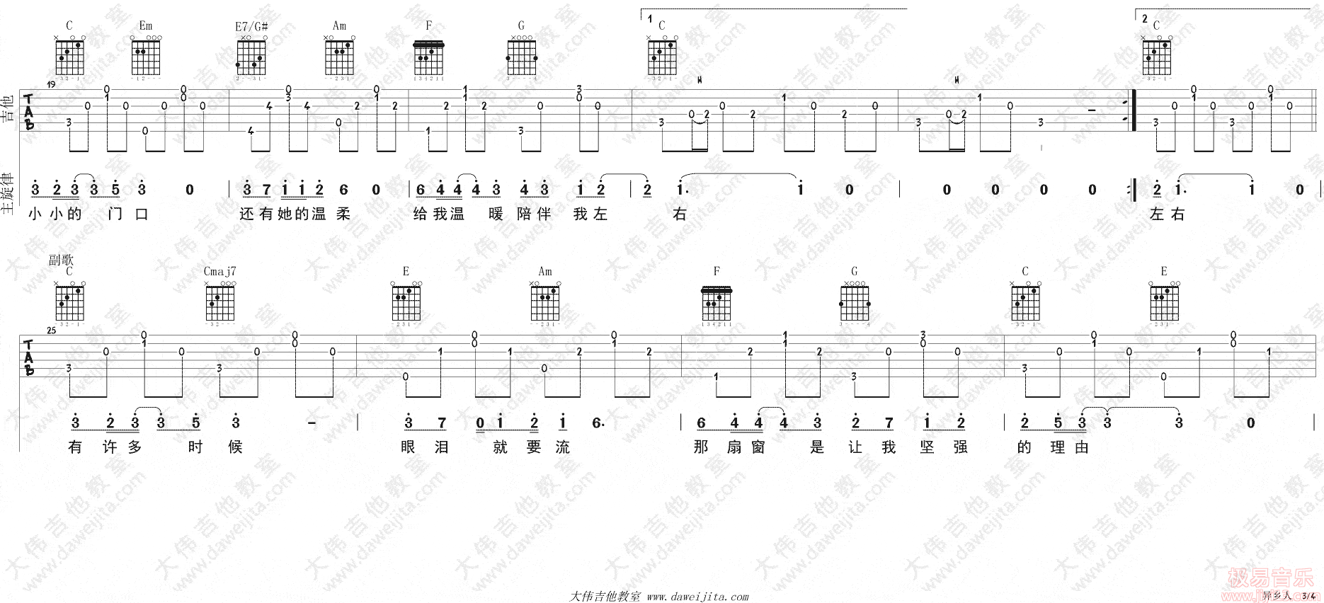 张磊《异乡人》吉他谱_C调和弦指法_高清六线图片弹唱谱_简单吉他编谱版 - 升诚吉他网