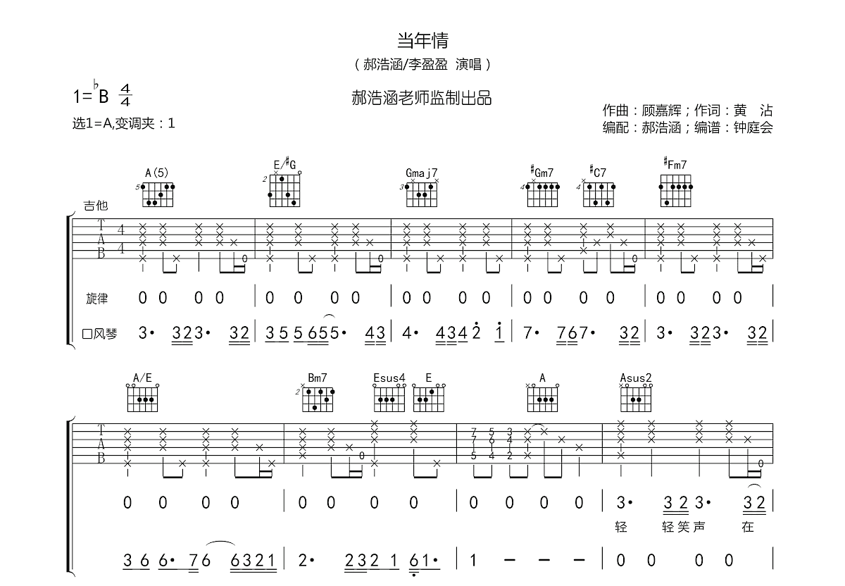 《刻在我心底的名字》六线谱进阶谱子_郝浩涵,吴延睿D调吉他谱_进阶弹唱吉它谱 - 易谱库