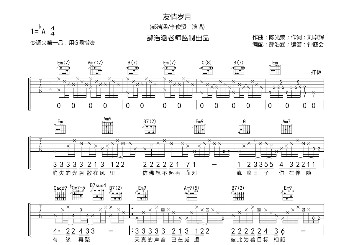 郝浩涵的《默》谱子带扫弦节奏吉他谱 - G编配 - 变调夹Capo=2 - 中级六线谱 - 易谱库